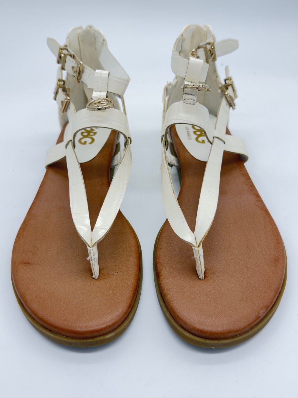 GBG Los Angeles White T-Strap Sandals with Gold Hardware